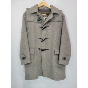 TipTop Mens Grey Wool Blend Hooded Duffle Coat Toggle Front Heavy Jacket Vintage